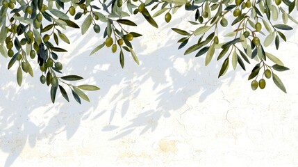 Olive Tree Branches with Soft Shadows on White Background