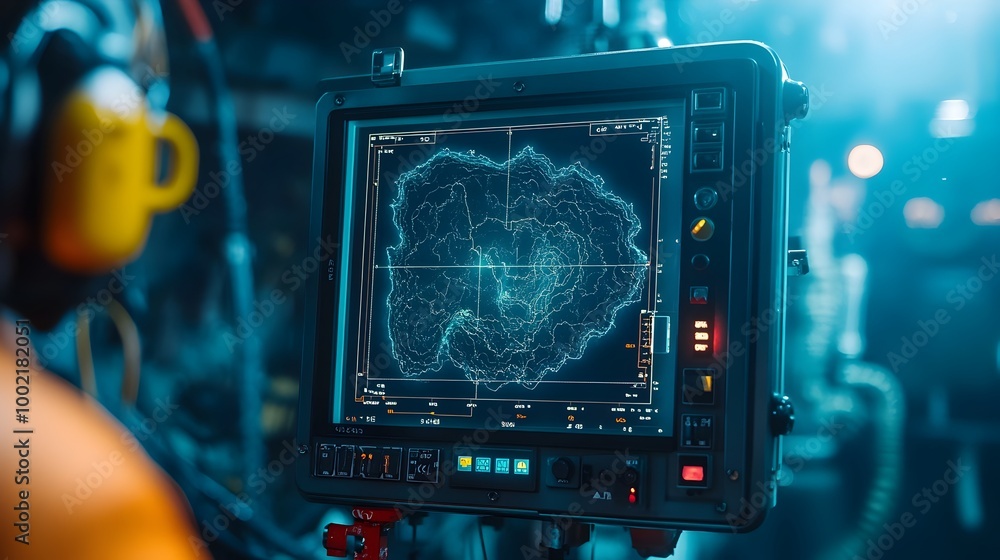 Poster close up view of a sonar radar screen showcasing the intricate details and patterns of underwater to
