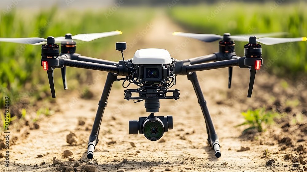 Poster close up view of a sophisticated agricultural drone equipped with a for precision farming and crop m