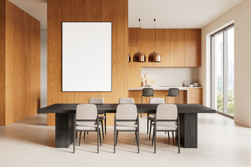 Modern dining room with blank framed poster on wooden wall. 3D Rendering