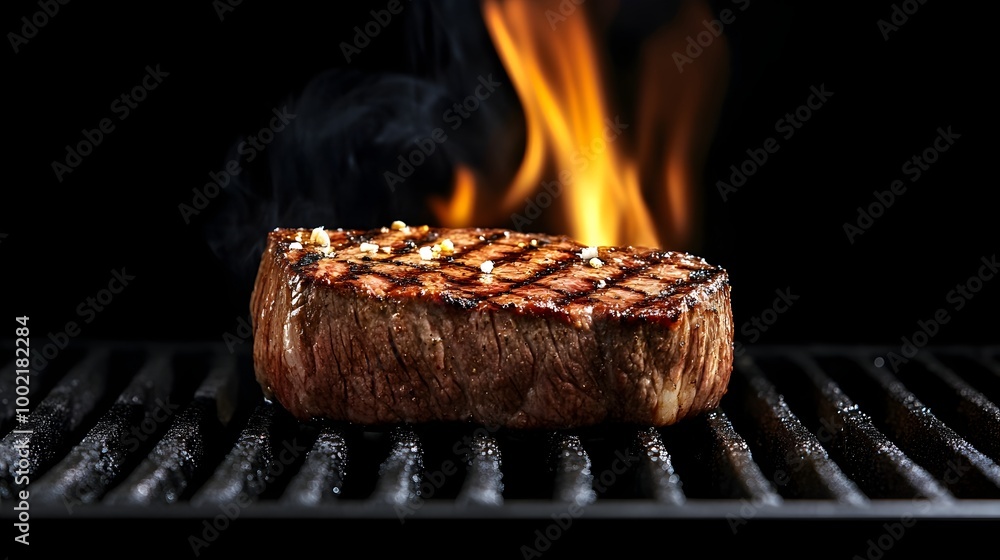 Poster close up view of a thick succulent steak searing and cooking on a hot flaming grill with the edges c