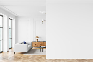 Modern living room with blank wall for mockup. 3D Rendering