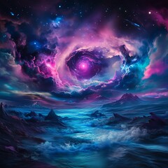 Cosmic landscape with nebula and ocean