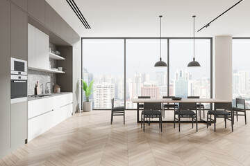 Modern kitchen interior with dining area and city view. 3D Rendering