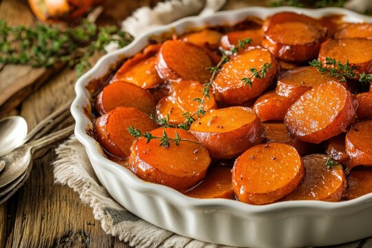 Candied Yams Recipe. Baked Sweet Potatoes in Autumn Theme Dish