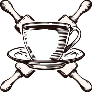 recommend clip art: Hand-Drawn Rolling Pin with Coffee and Tea Cups, Vintage Kitchenware Vector Illustration