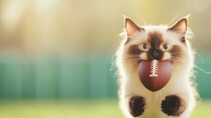 Obraz premium Happy Cat Running with a Football in Its Mouth