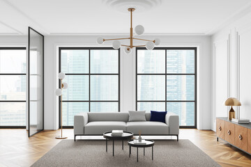 Modern home living room interior with couch and drawer, panoramic window