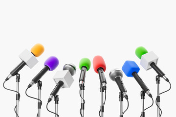 A row of colorful microphones on stands with different colored covers, arranged against a white...