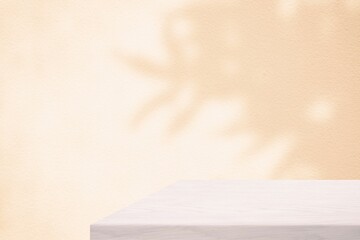 Wooden Table with Beige Concrete Wall wiht Leaves Shadow and Light Background, Suitable for Cosmetic Product Presentation Backdrop, Display, and Mock up.