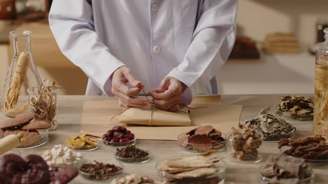 The traditional laboratory video shows a doctor carefully tying the string around the package filled with a variety of dried herbs with a brown string, making sure it is secure.