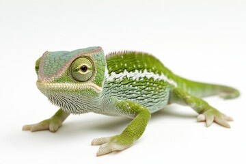 Obraz premium Kameleon na Białym Tle. Portret Małej Zielonej Jaszczurki z Bliska