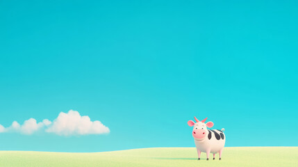 Fototapeta premium A cartoon cow hiding a smile, standing on a clean white surface with a vibrant blue sky above, green grassland.
