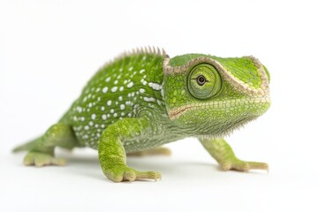 Obraz premium Chameleon Portrait on White Background. Small Green Lizard Isolated