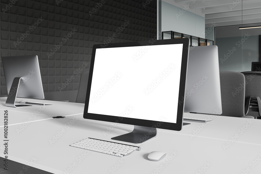 Poster office coworking interior with pc computer on table with mockup display