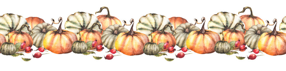 Pumpkins and wild rosehips, briar fruits, dog rose seamless border, pattern isolated white background. Watercolor autumn illustration. Hand drawn banner fall harvest for thanksgiving cards, halloween.