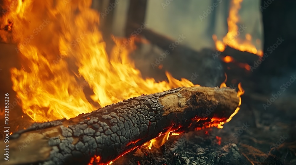 Poster close up view of intense flames engulfing a crackling burning log in the heat of a raging destructiv
