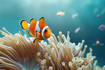 Obraz premium A fantastically beautiful bright clownfish swims in sea among the corals