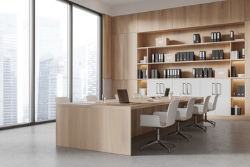 Modern office space with wooden interior design and large windows. 3D Rendering