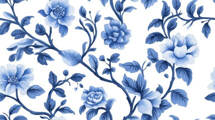 A stylish floral pattern featuring blue flowers and intricate vines on a white background, creating a fresh and elegant aesthetic.