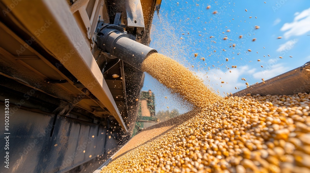 Poster Close up View of the Auger Mechanism on a Grain Cart Unloading a Steady Stream of Harvested Cereal Grains from a Field or Silo
