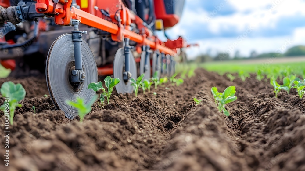 Poster close up view of the discs of a no till drill machine carving narrow slots or furrows in the soil pr
