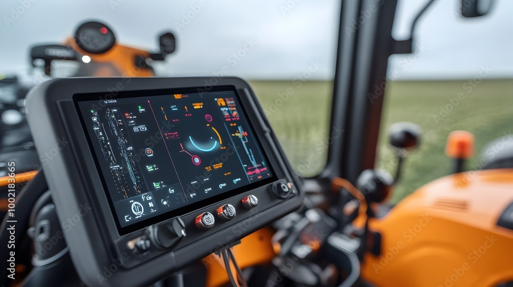 Fototapete Close up view of the high tech control panel and digital display interface of a self driving autonomous tractor equipped with advanced technology for precision farming and transportation