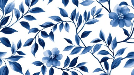 Fototapeta premium A delicate blue floral pattern featuring leaves and flowers on a white background, creating a serene and elegant aesthetic.