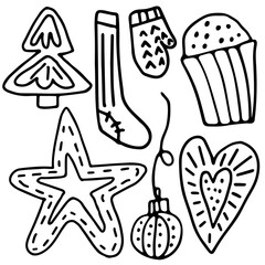 Hand-Drawn Christmas Doodles with Tree, Star, Stocking, Mittens, Ornament, Cupcake, and Heart