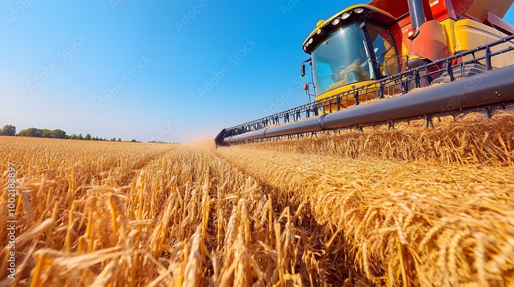 Aufkleber Close up view of the reel and cutter bar of a combine harvester working in a crop field cutting and gathering the mature grains under a clear blue sky