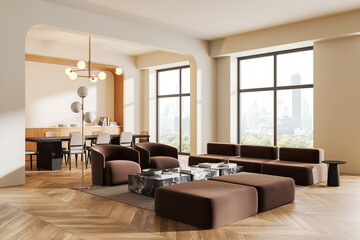 Modern home living room interior with relaxing and dining zone, window