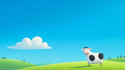 Fototapeta premium A cartoon cow hiding a smile, standing on a clean white surface with a vibrant blue sky above, green grassland.