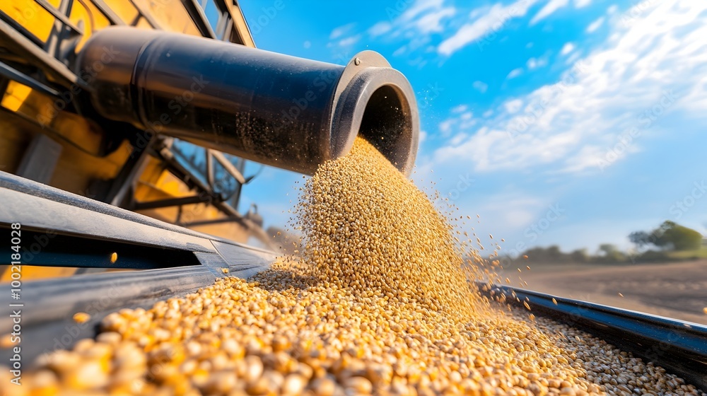 Aufkleber close up view of the spiral auger mechanism on a grain cart transferring a steady flow of freshly ha