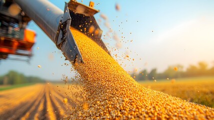 Close up view of the spinning blades of a grain auger unloading and transferring harvested grains such as wheat corn oats or barley in an agricultural setting