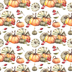 Watercolor pumpkins with wild rosehip berry, briar fruits, dog rose seamless pattern Autumn harvest illustration. Hand drawn Thanksgiving Day fabric packaging, wallpaper Isolated on white background. 