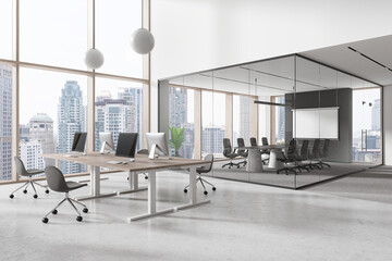 Office loft interior with glass meeting room and coworking space, window