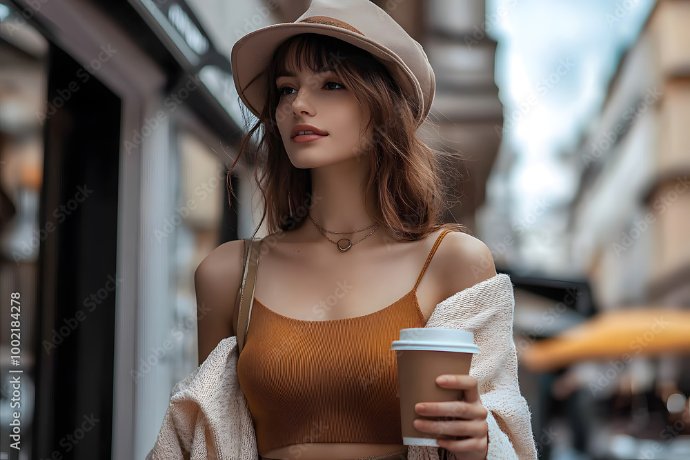 Sticker Stylish young woman enjoying coffee break on urban city street, exuding elegance and confidence in the bustling cityscape.