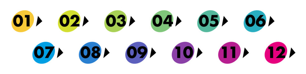 Bullet points numbers from 1 to 12 list markers colorful trendy typography