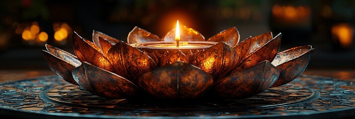 An elegant lotus-shaped diya set on a patterned plate, perfect for Diwali celebrations, evoking a serene ambiance for festive gatherings and home decor.