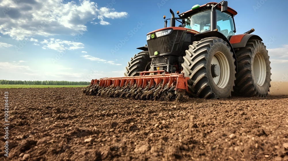 Poster Close up view of the treaded tires of a large agricultural tractor moving across a rugged dirt field showcasing the intricate tread pattern and texture of the tires as they interact with the soil