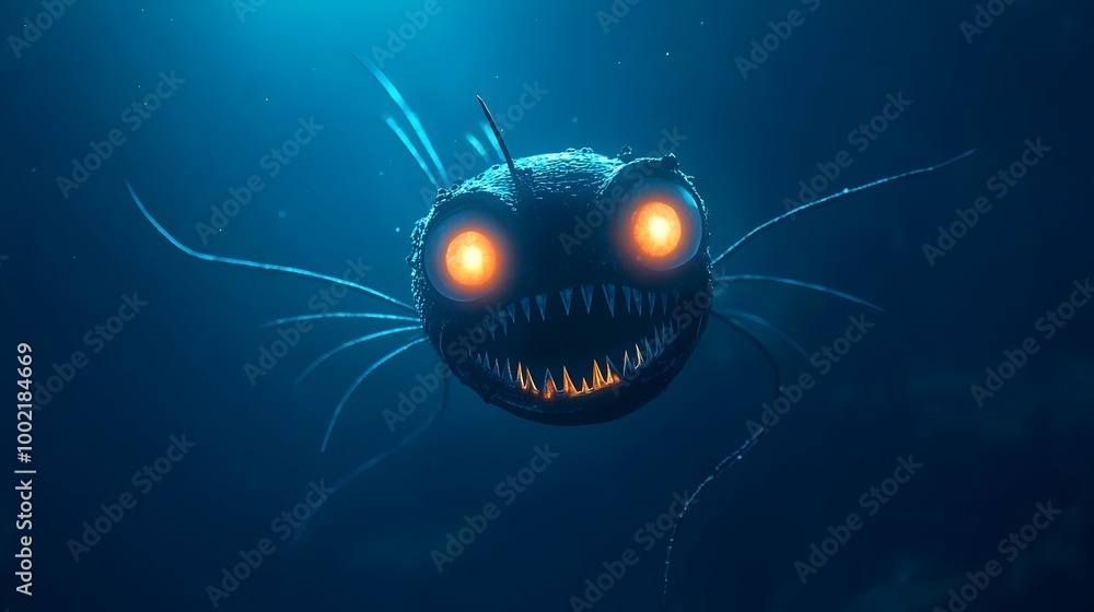 Aufkleber Closeup Image of a Fearsome Black Dragonfish Creature from the Deep Sea Showcasing its Glowing Underbelly and Rows of Sharp Predatory Teeth