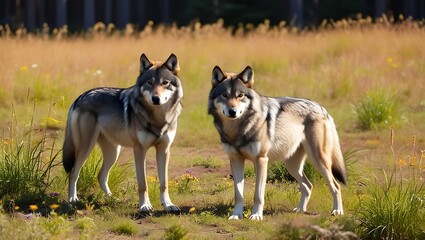 Immerse yourself in the tranquility of nature with this captivating image of a pair of wolves standing gracefully in a sunlit forest clearing. 