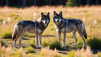 Immerse yourself in the tranquility of nature with this captivating image of a pair of wolves standing gracefully in a sunlit forest clearing. 