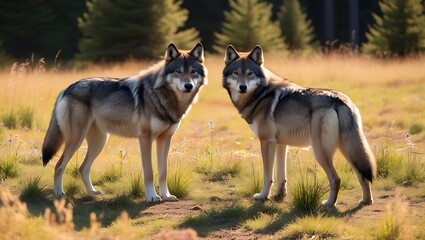 Immerse yourself in the tranquility of nature with this captivating image of a pair of wolves standing gracefully in a sunlit forest clearing. 