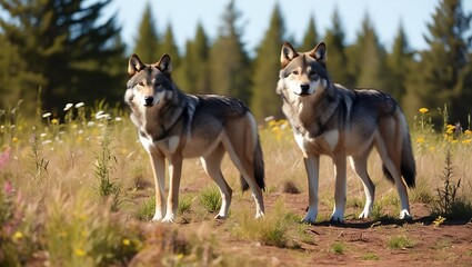Immerse yourself in the tranquility of nature with this captivating image of a pair of wolves standing gracefully in a sunlit forest clearing. 