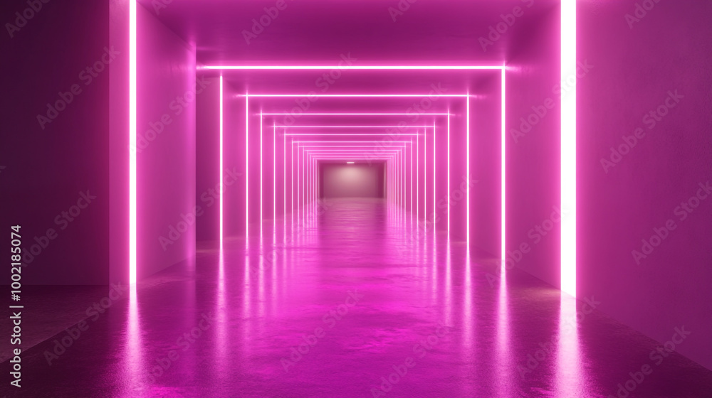 Poster 3d rendering abstract neon background empty square. futuristic neon pink corridor with glowing light