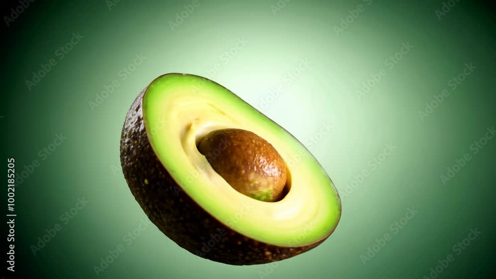 Poster establishing video of a ripe avocado rotating, cut in half, with pit visible against a gradient gree