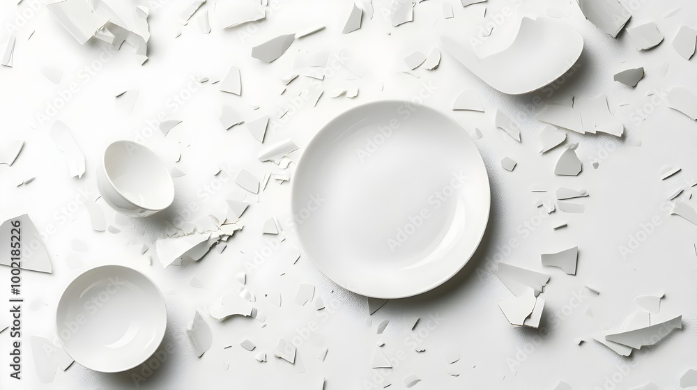 Poster Closeup of a broken ceramic plate with scattered pieces and shards on a clean white background  The abstract textural pattern created by the fragmented ceramic creates a minimalist modern design