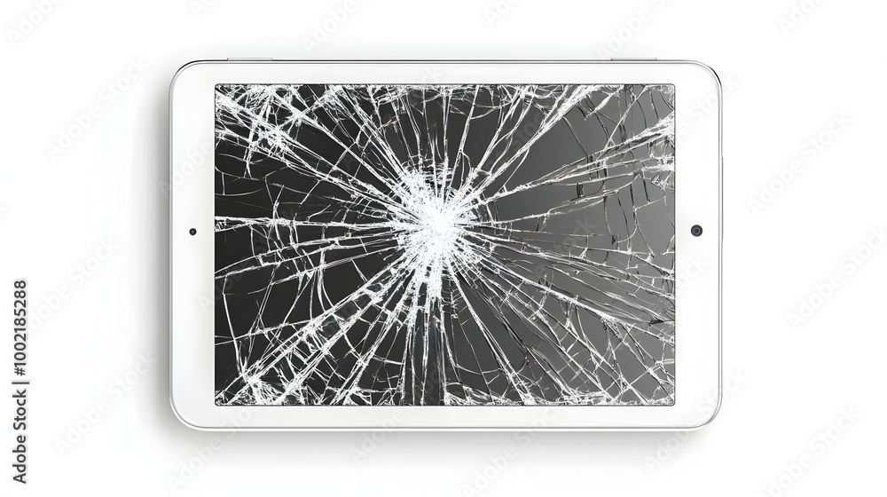Poster Closeup of a broken tablet screen with deep intricate cracks running across the glass surface isolated on a plain white background  The shattered display showcases a complex