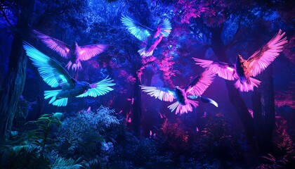 Obraz premium Neon doves flying in a digital forest